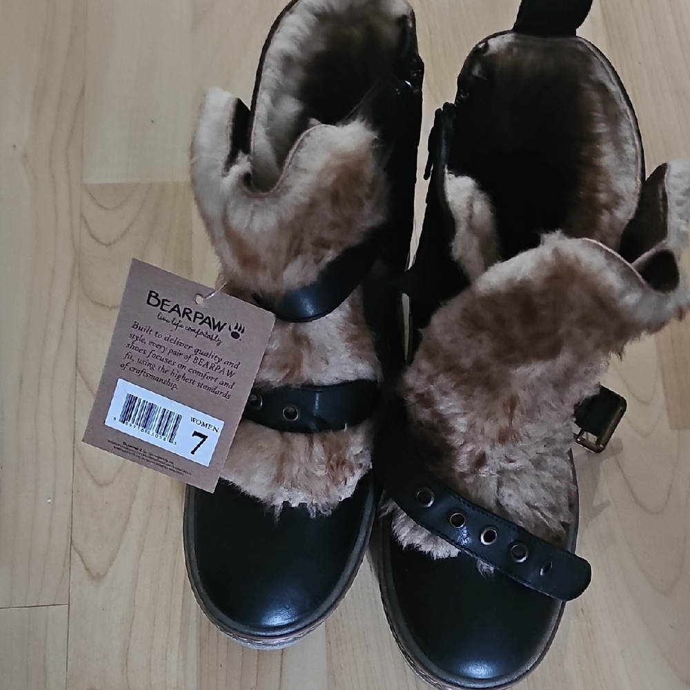 BearPaw Black and Tan Fur Boots
